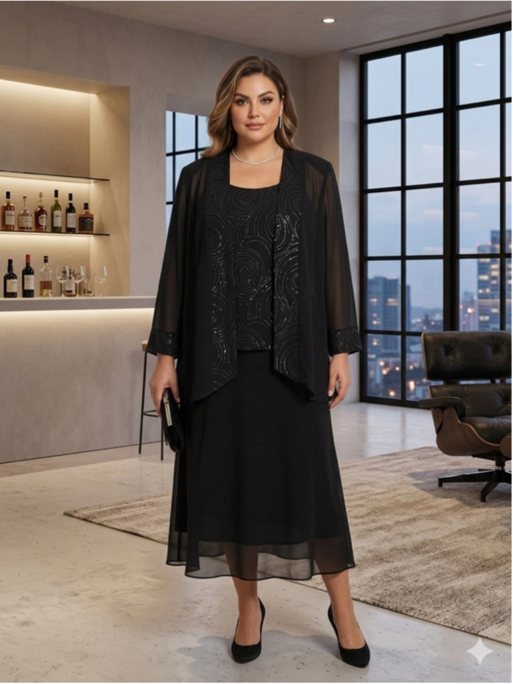 Dana Kay 3pc Set Sparkly Dress Suit 18WP Black Chiffon Jacket Shell Skirt Plus